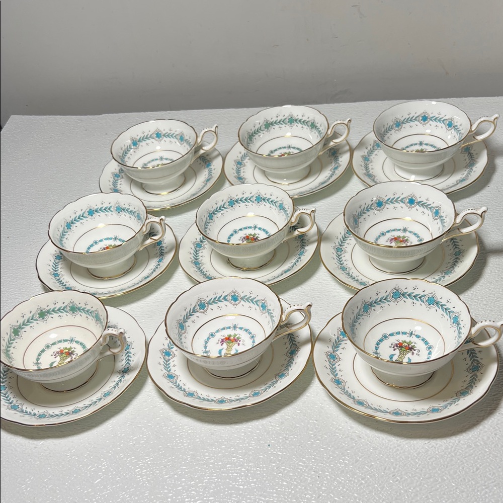 Vintage Pedestal Cups/Saucers Queen Elizabeth by Coalport Gold Accent Rare Set 9